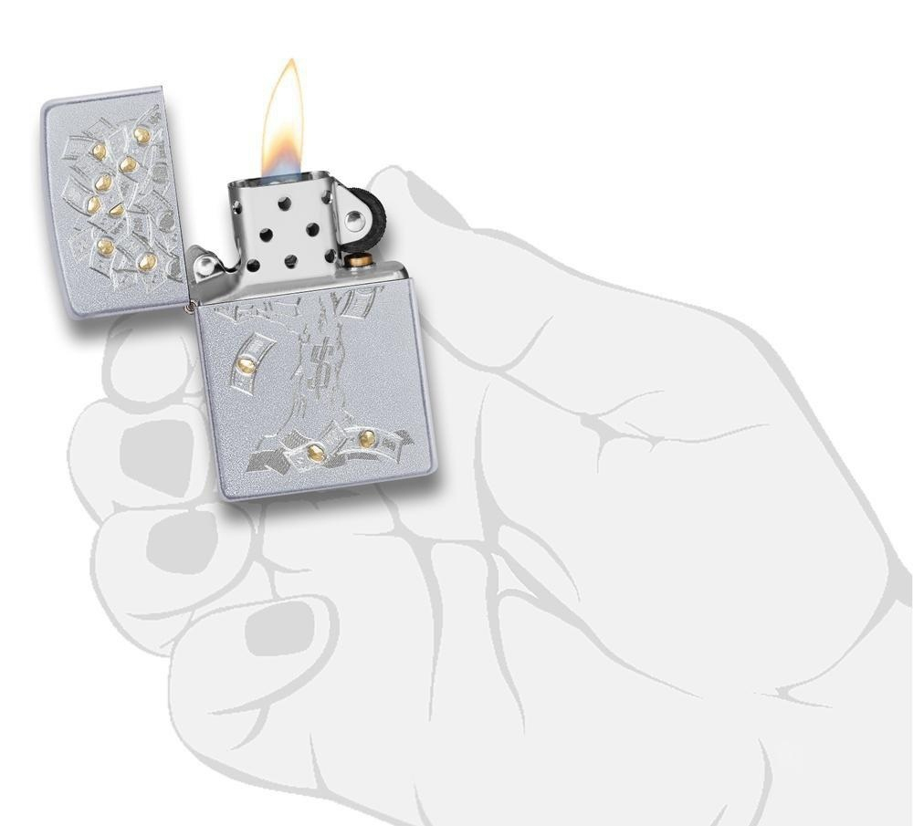 Зажигалка Zippo Money Tree Design с покрытием Satin Chrome, латунь/сталь, серебристая, 36x12x56 мм