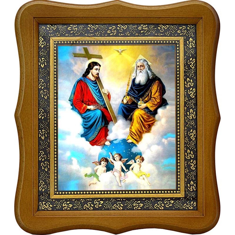 Бог - Отец,  Бог - Сын и Бог - Святой дух. Троица новозаветная. Икона на холсте.