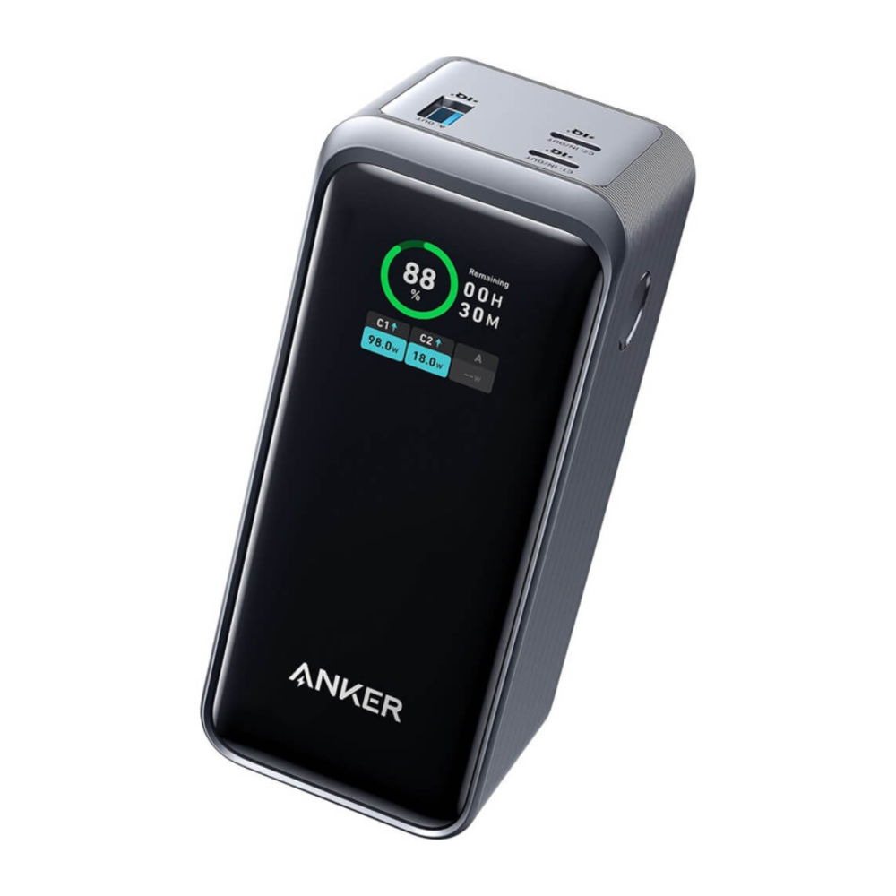 Внешний аккумулятор Anker Prime (20000 мА·ч) Проводная зарядка: 2 USB-C, USB-A. Беспроводная зарядка: нет. Есть дисплей. Энергоёмкость — 72 Вт·ч. Максимальная выходная мощность — 100 Вт