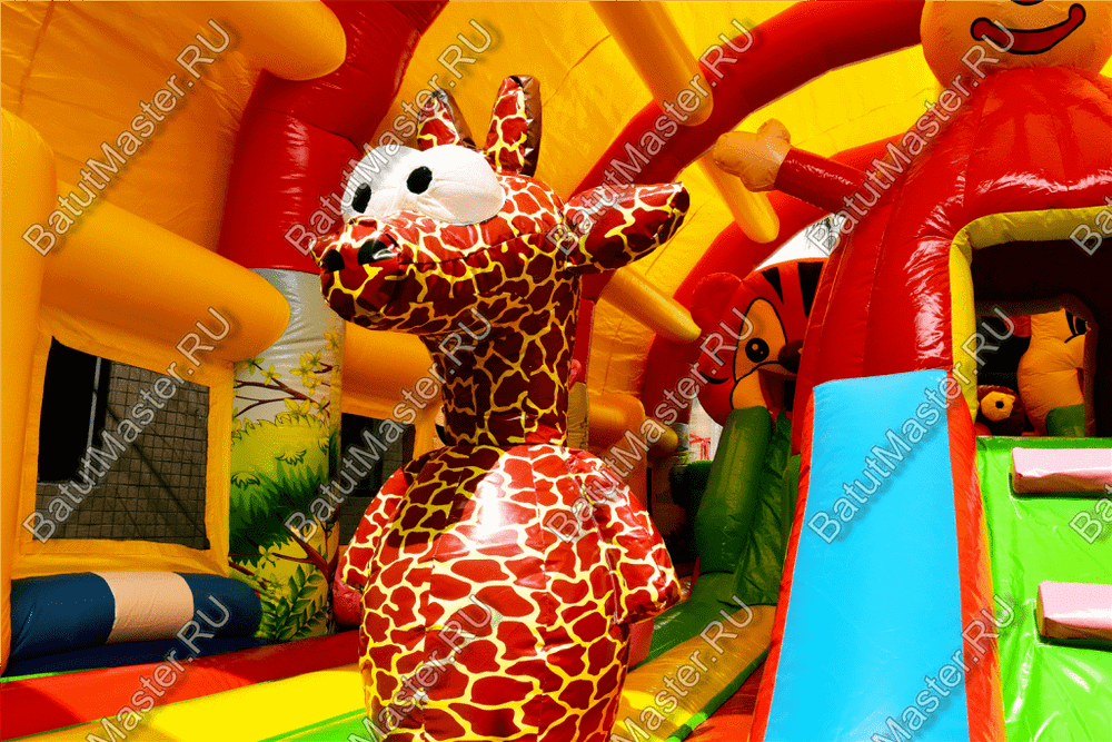 Надувной батут "Зверята с крышей 3" со скалодромом, 11*7*6 м