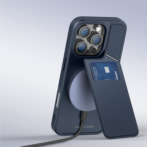 Чехол синего цвета с поддержкой MagSafe и подставкой-картхолдером от Dux Ducis для iPhone 16 Pro Max, серия Rafi II Mag Series