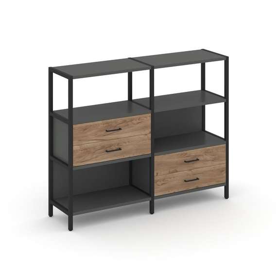 Shelf System Двухсекционный стеллаж трехярусный с ящиками SN.STM-323 Антрацит/Дуб Табак/Металл Черны