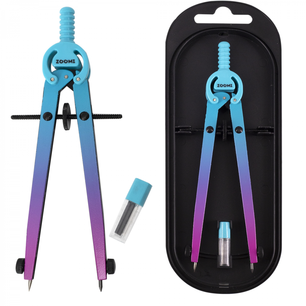 Готовальня ZOOMI, 2 предмета, металлический циркуль 125 мм, грифель, пластиковый футляр, европодвес, бирюзово-сиреневый градиент