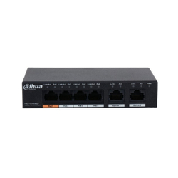 DAHUA DH-PFS3006-4GT-60 6-портовый гигабитный неуправляемый коммутатор с РоЕ, 4xRJ45 1Gb PoE, 2xRJ45 1Gb uplink, суммарно 60Вт, коммутация 14Гбит/с, MAC-таблица 2К, металл