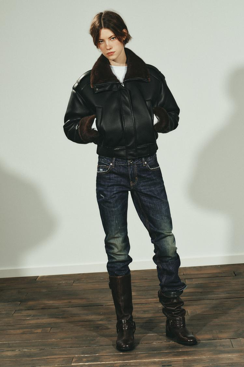 ZARA ДУБЛЕНКА-БОМБЕР ИЗ ИСКУССТВЕННОЙ КОЖИ, ЧЕРНЫЙ