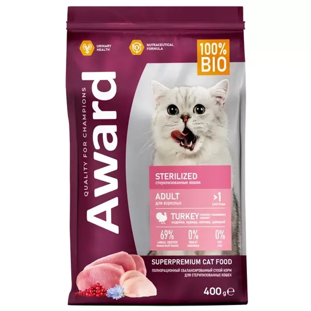 Сухой корм AWARD Sterilized для взрослых стерилизованных кошек с индейкой и курицей и добавлением клюквы и цикория Сухой корм AWARD Sterilized для взрослых стерилизованных кошек с индейкой и курицей и добавлением клюквы и цикория