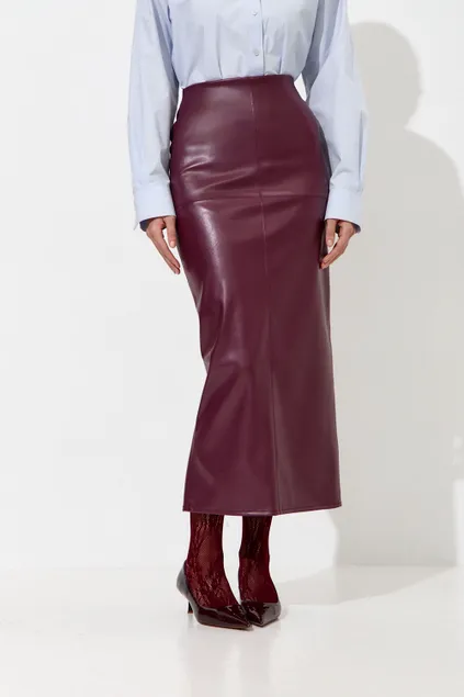 Юбка карандаш из экокожи сливового цвета