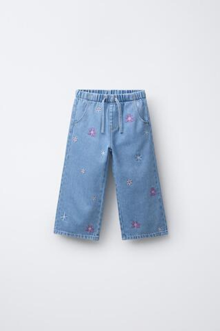 ZARA ДЖИНСЫ WIDE LEG С ВЫШИВКОЙ В ВИДЕ ЦВЕТОВ, СИНИЙ