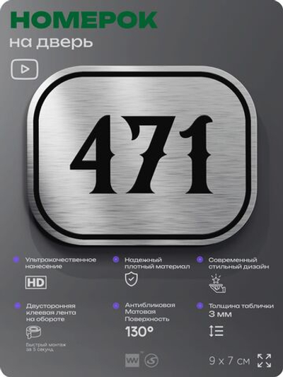 Номерок на дверь квартиры 471, для кабинета, офиса, шильдик 9 х 7 см, брашированная сталь, Айдентика Технолоджи