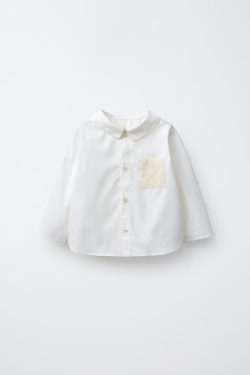 ZARA РУБАШКА С КРУЖЕВНЫМ КАРМАНОМ, ЭКРЮ