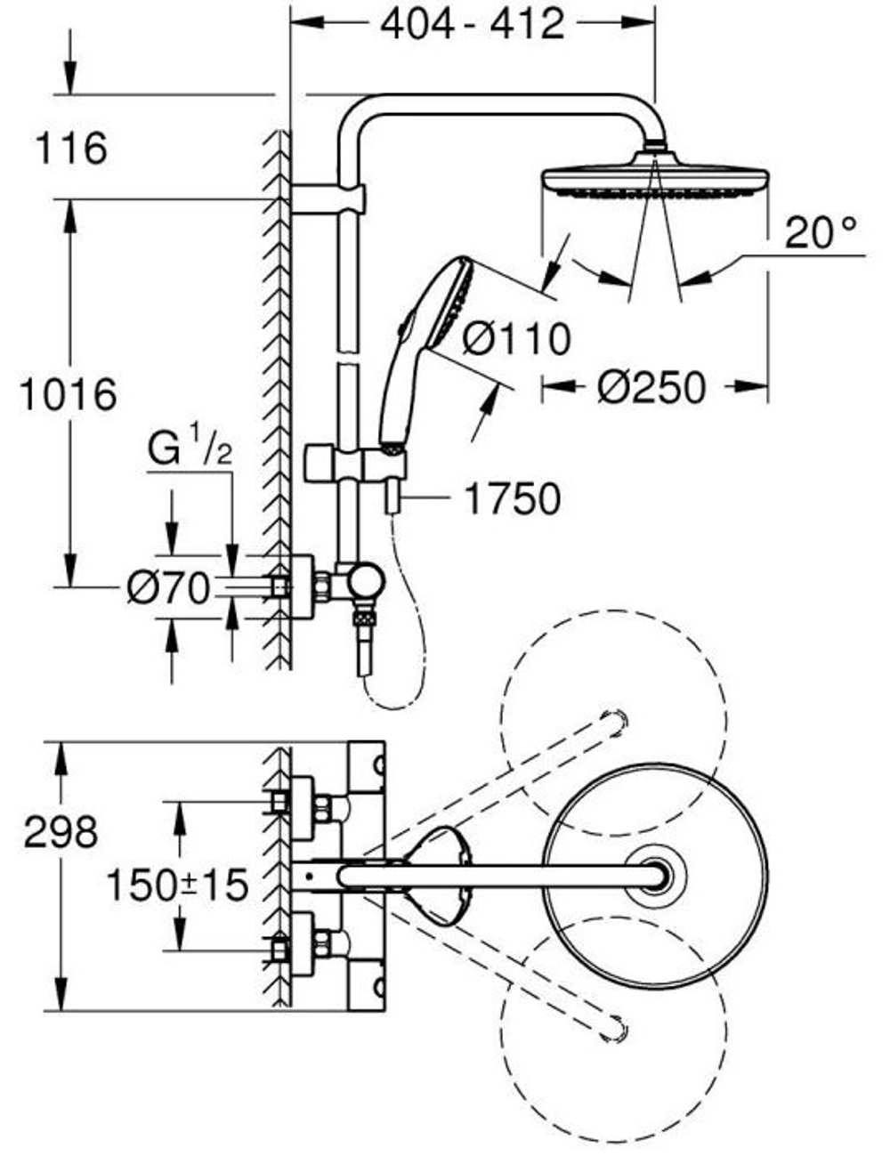 Душевая система GROHE Tempesta System 250 с термостатом для настенного монтажа, хром (26670001)