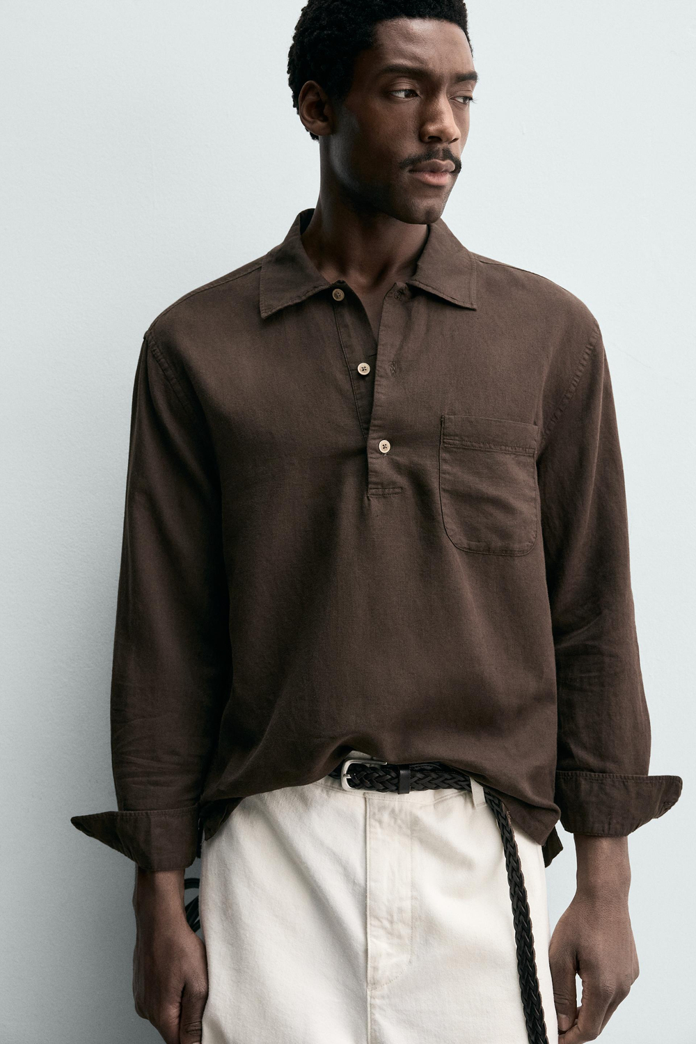 ZARA РУБАШКА-ПОЛО ИЗО ЛЬНА И ХЛОПКА, КОРИЧНЕВЫЙ