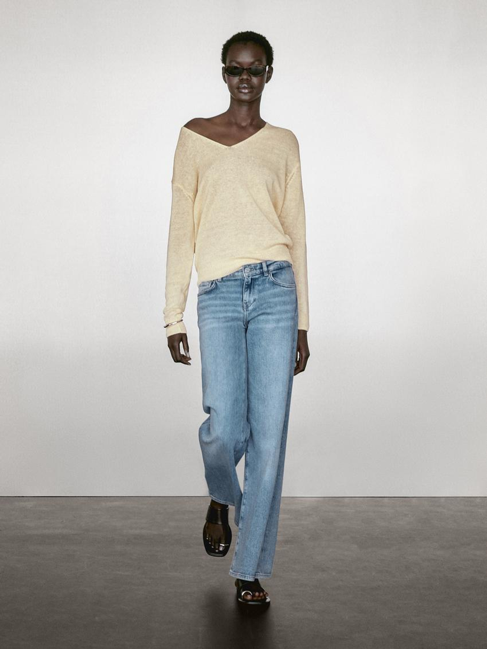 Massimo Dutti Свитер из 100% льна с длинными рукавами, желтый