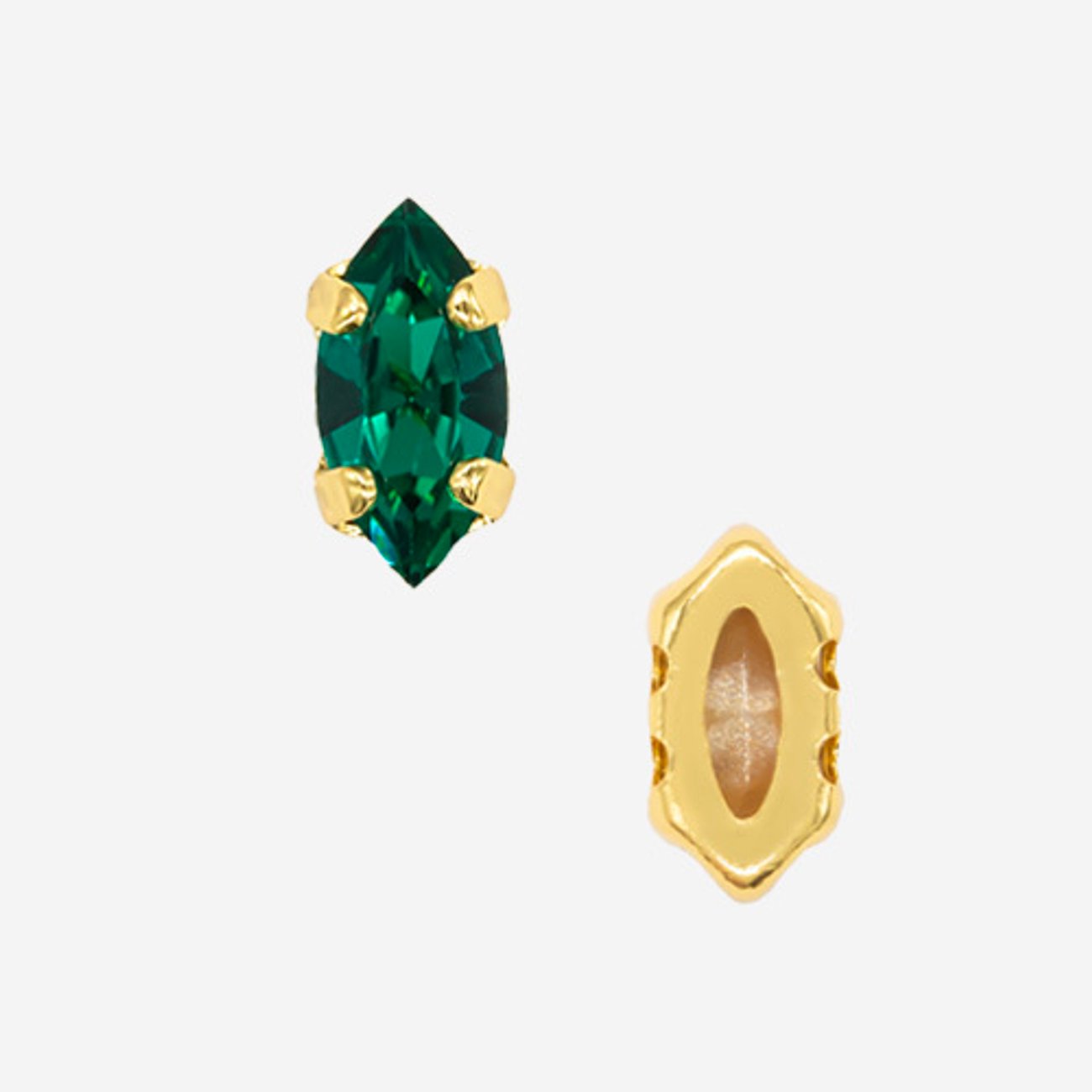 Кристалл Маркиз (Marquise Fancy Stone) в цапах, оттенок "Изумруд"/"Emerald", 6*3мм, позолота