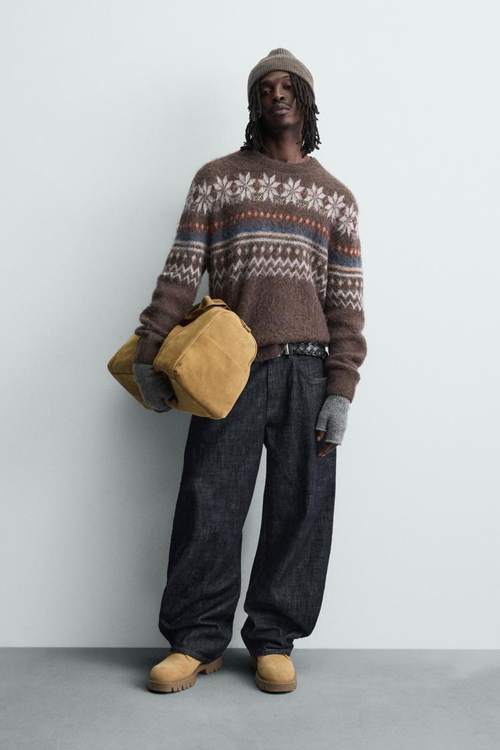 ZARA СВИТЕР JACQUARD С ГЕОМЕТРИЧЕСКОЙ ТЕКСТУРОЙ, КОРИЧНЕВЫЙ