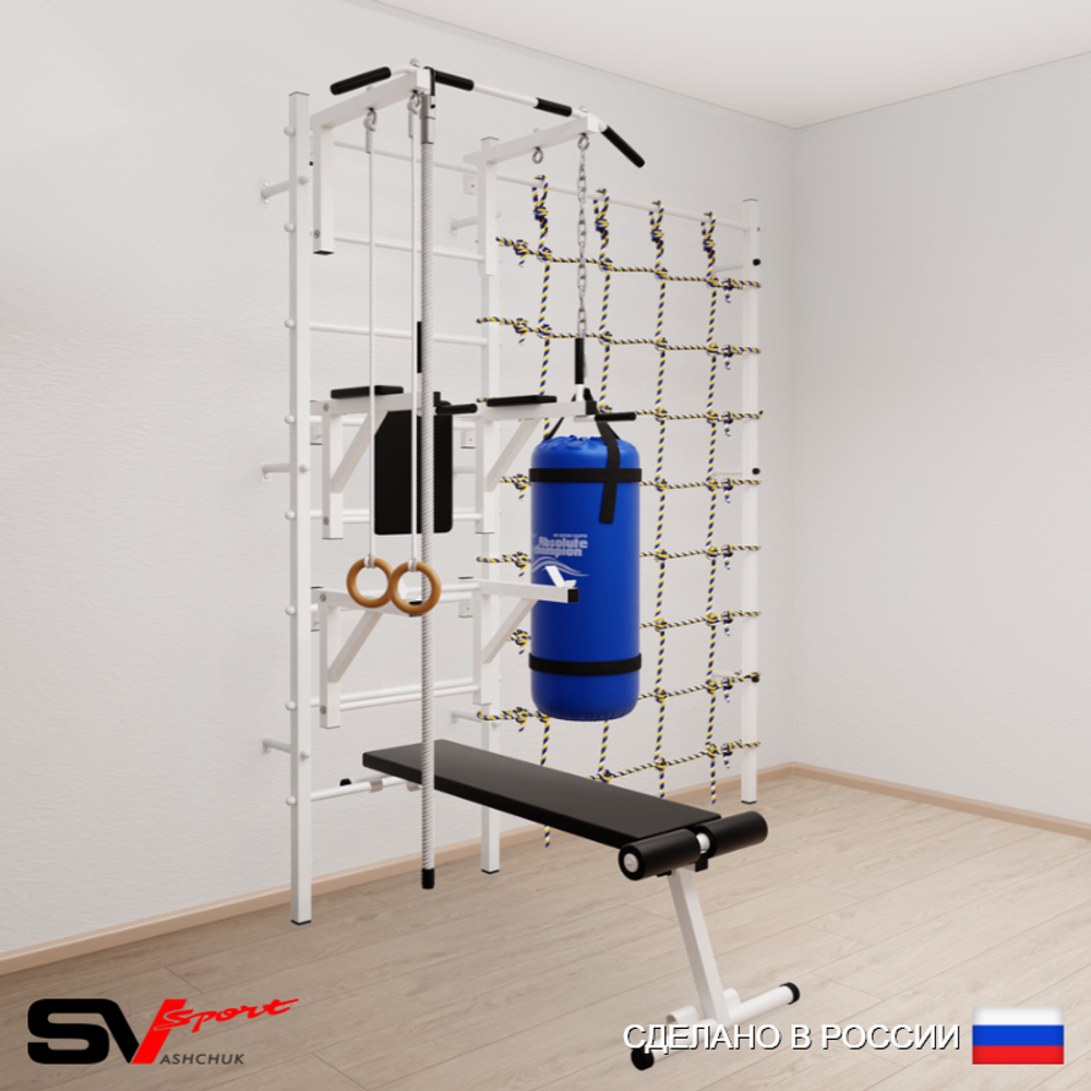 Шведская стенка Sv Sport усиленная 69430 (Турник стандарт/Брусья/Стойка/Скамья/Канат/Кольца/Цепь/Мешок 30кг/Канатный лаз)