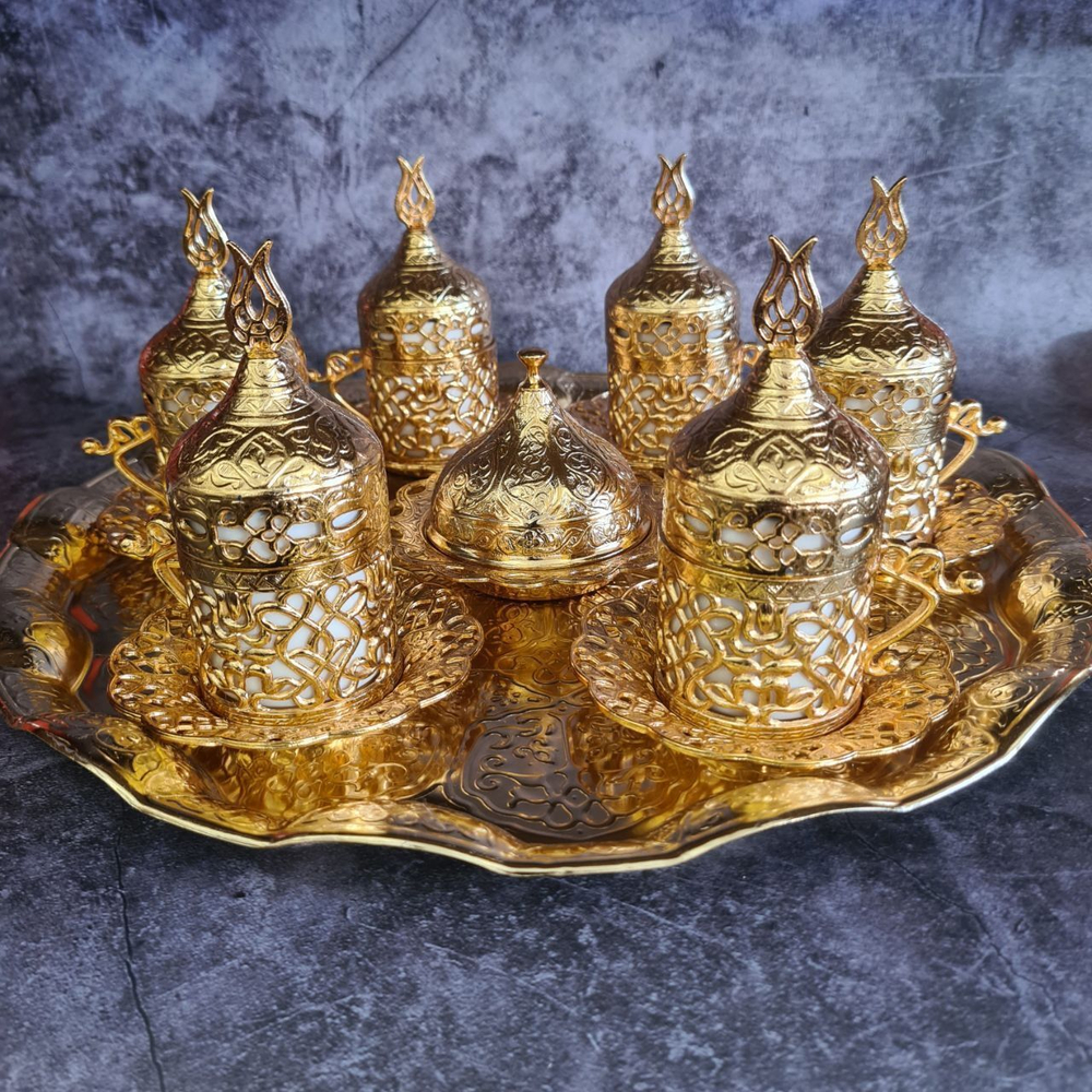 Кофейный набор "Тюльпан" на 6 персон с подносом/ACAR. Турция (золотистый 27 предметов)
