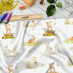 Ткань лён добрые животные в лесу со своей семьёй