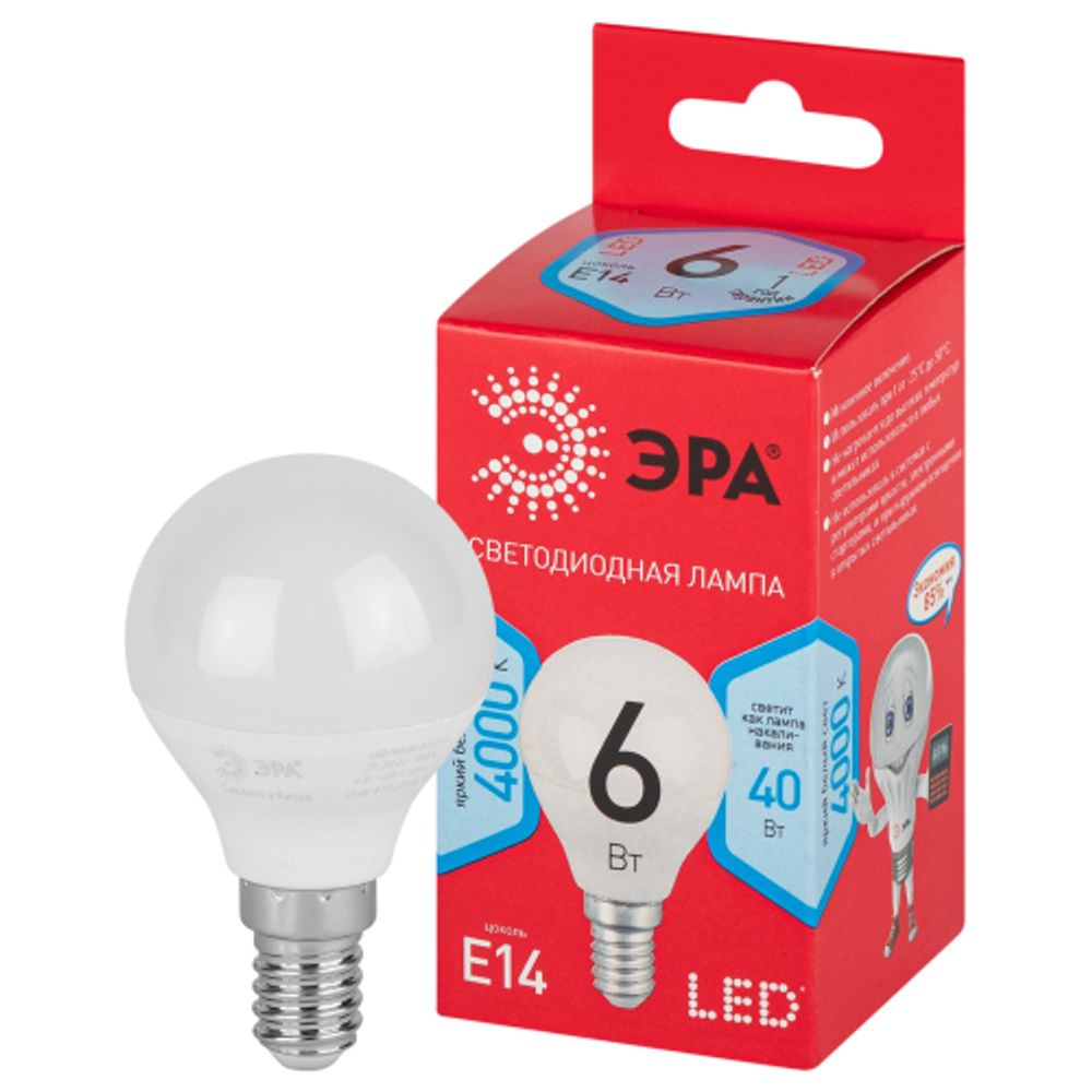 Лампа светодиодная ЭРА RED LINE LED P45-6W-840-E14 R E14 / Е14 6Вт шар нейтральный белый свет | Лампы cветодиодные Шар (G/P)
