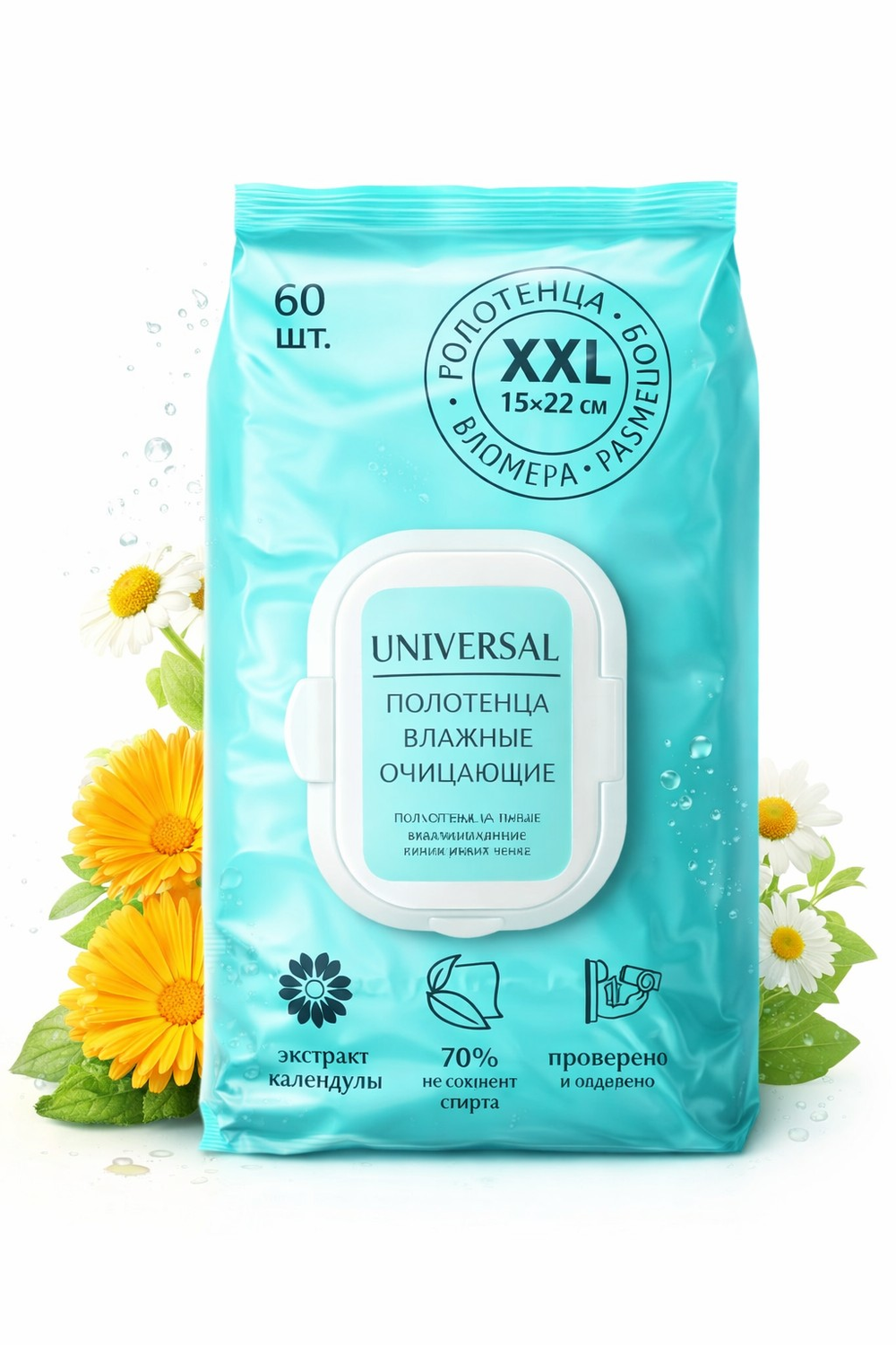 Полотенца влажные XXL с календулой, 60 шт., с клапаном