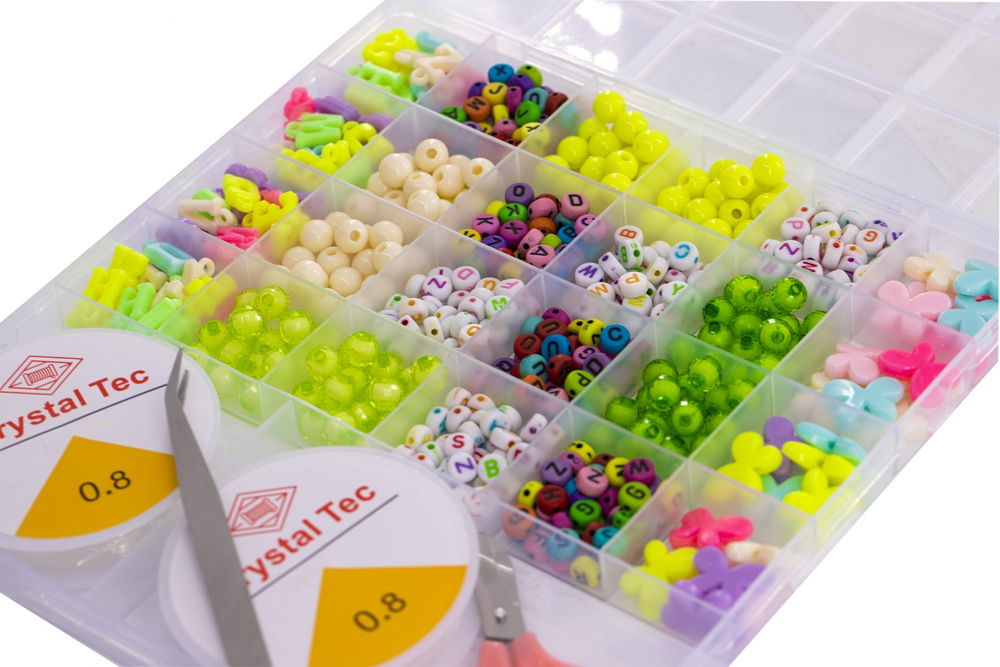 Набор для создания украшений-бусины Alingar, 200х190х18мм, "EFGH", 5 вид.бус.,подвес, 2х5.5м леска,ножницы, пинцет, пласт.пенал