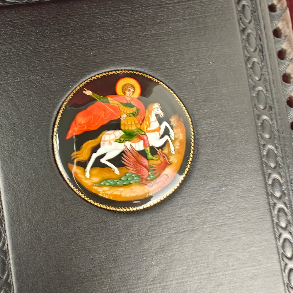 Ежедневник А5 "Георгий Победоносец" (обложка из натуральной кожи) с росписью Палех и ручкой в футляре