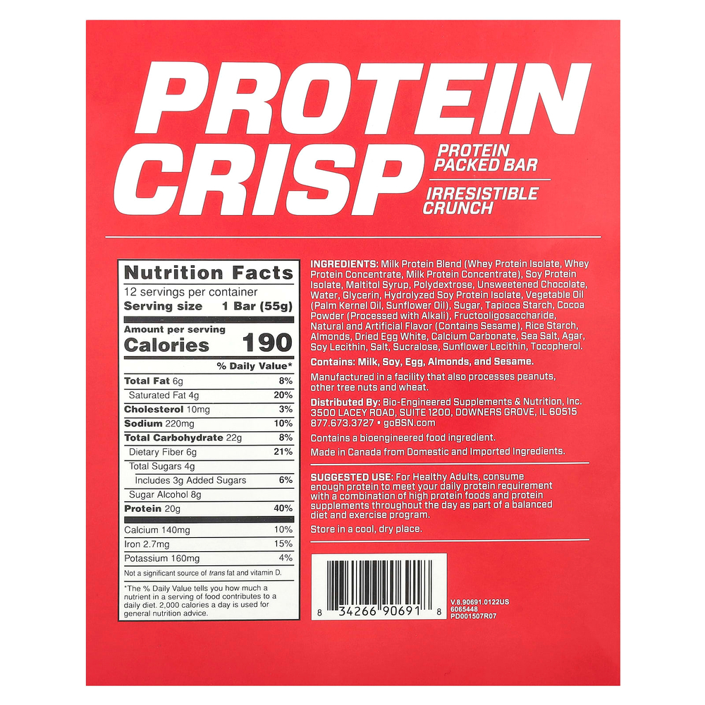 BSN, Protein Crisp, кранч с шоколадом, 12 батончиков, 57 г (2,01 унции) каждый