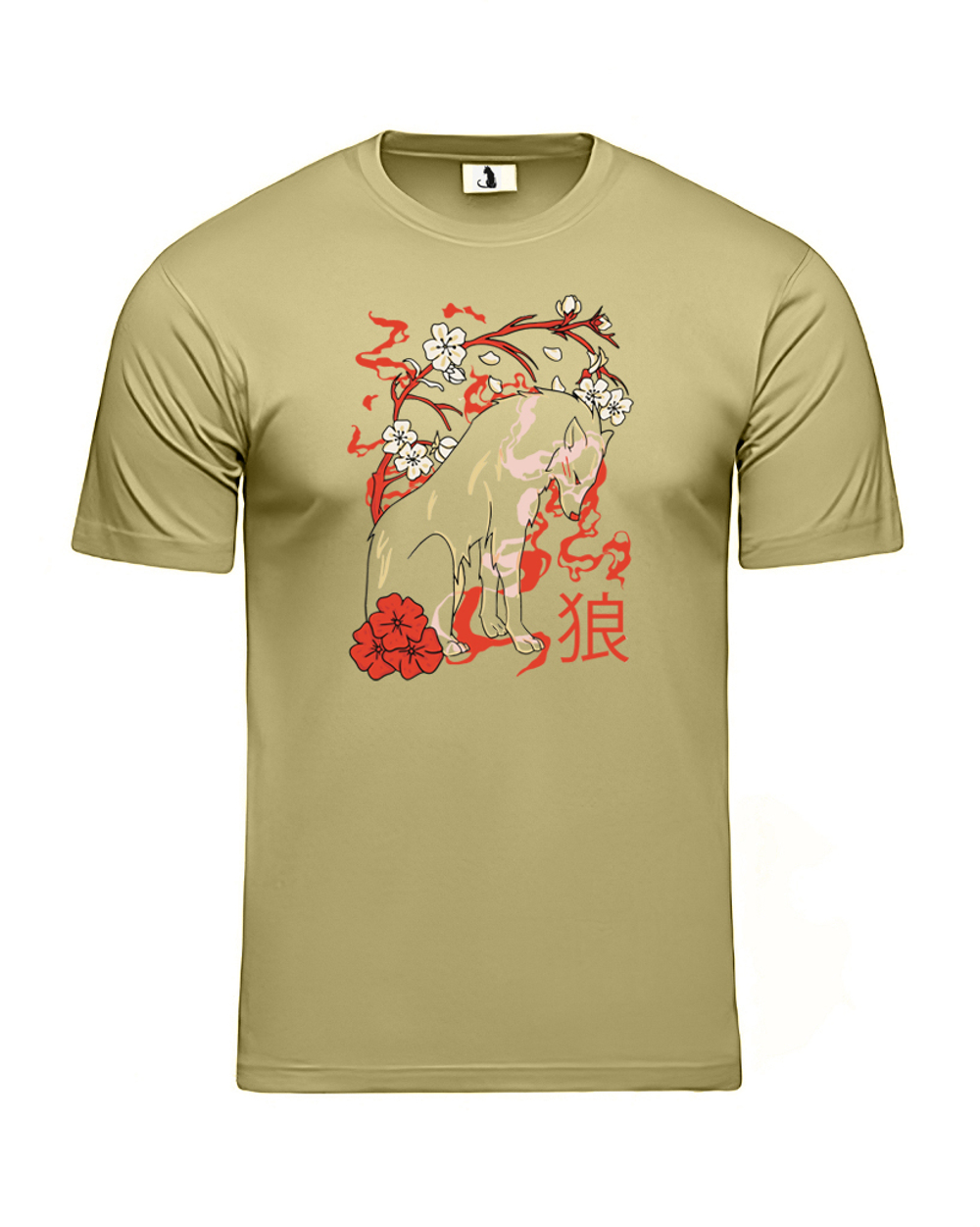 Футболка с волком и цветами в японском стиле классическая прямая оливковая