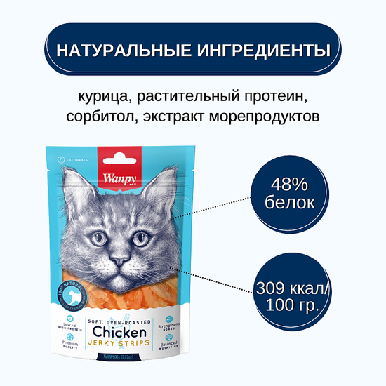WanPy Cat Лакомство для кошек, Мягкая Вяленая Соломка из Курицы, 80 г