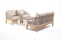 "Канны" лаунж-зона 4-местная из роупа со столиком "Канны" цвета "дуб", основание дуб, роуп бежевый
