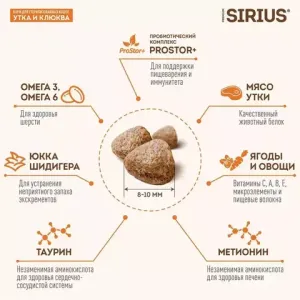 Сухой корм для стерилизованных кошек, Sirius, с уткой и клюквой