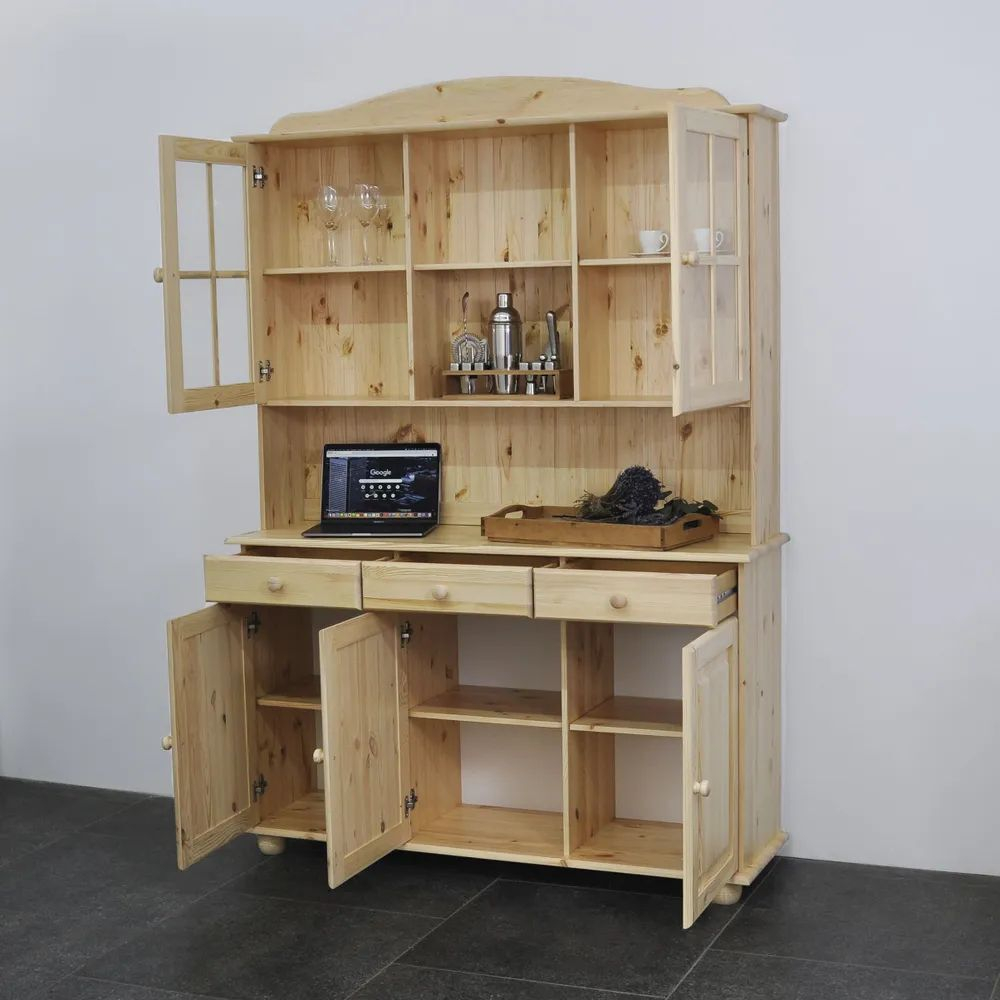 Шкаф Лена двухдверный из массива сосны, с 3 полками (верхняя часть буфета Лена), прозрачный лак