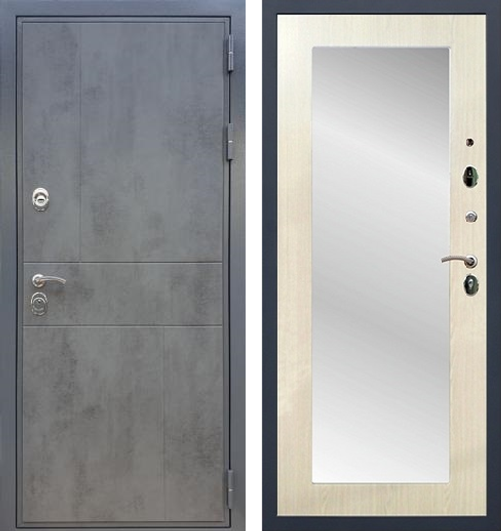 Входная металлическая дверь с зеркалом RеХ (РЕКС) Премиум 290 Темный бетон / Пастораль Лиственница бежевая