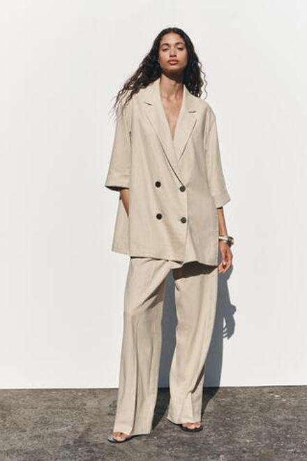 ZARA БРЮКИ ИЗ СМЕСОВОГО ЛЬНА С ШИРОКИМИ ШТАНИНАМИ, СВЕТЛО-БЕЖЕВЫЙ