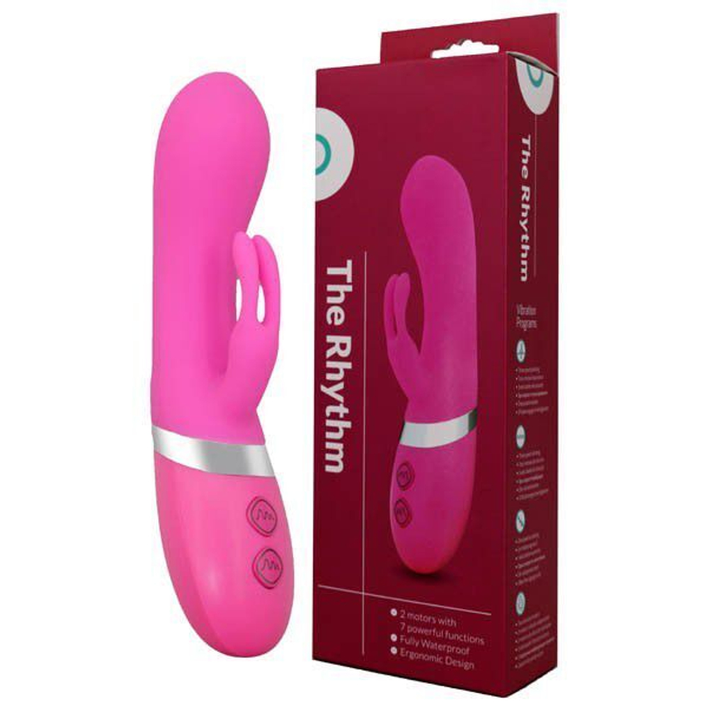 Розовый вибромассажер с загнутой головкой и клиторальным стимулятором THE RHYTHM DUAL MOTOR VIBE - 16 см. (Цвет: розовый)