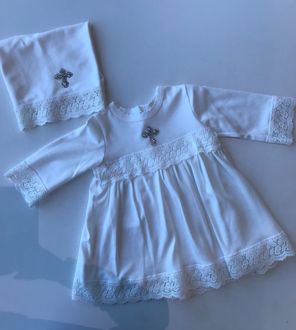 Платье крестильное с чепчиком с тесьмой и стразами (Малышеево) Арт. 1003И (Размер: 80)