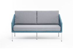 "Канны" диван 2-местный плетеный из роупа, каркас алюминий светло-серый (RAL7035) муар, роуп бирюзовый круглый, ткань светло-серая
