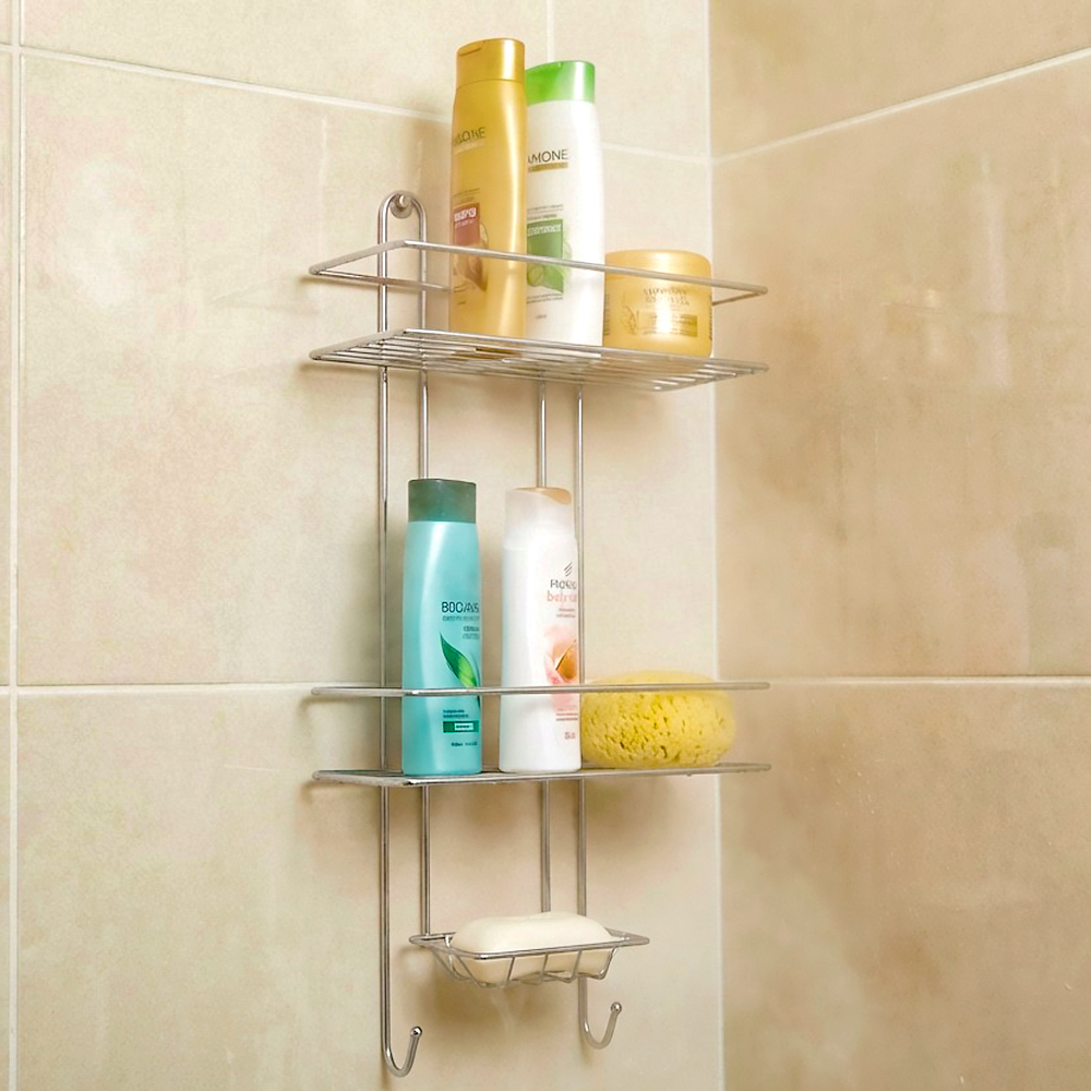 Полка прямоугольная 2-х ярусная 26,5*10*52,5см с мыльницей и вешалкой хром, ППМ-2