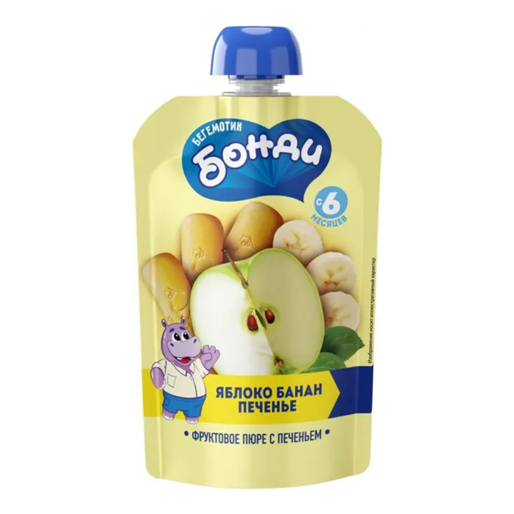 Пюре фруктовое БЕГЕМОТИК БОНДИ Яблоко, банан, печенье (ДПак) 90г