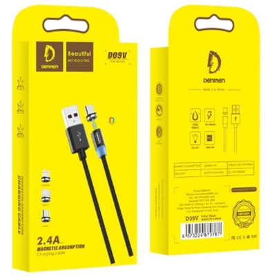 Кабель DENMEN D09V USB-microUSB 2.4A 1м магнитный Nylon Black