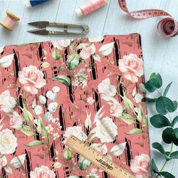 Ткань оксфорд 210 нежные розы на коралловом фоне с рисунком