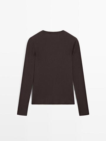 Massimo Dutti Футболка из смесового хлопка с длинными рукавами, пестро-коричневый