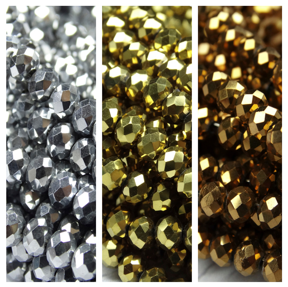 Хрустальные бусины "рондель", комплект из трех цветов: серебро металлик, золото металлик, коричневый металлик, размер: 3х4 мм, общее количество: 290-300 бусин.