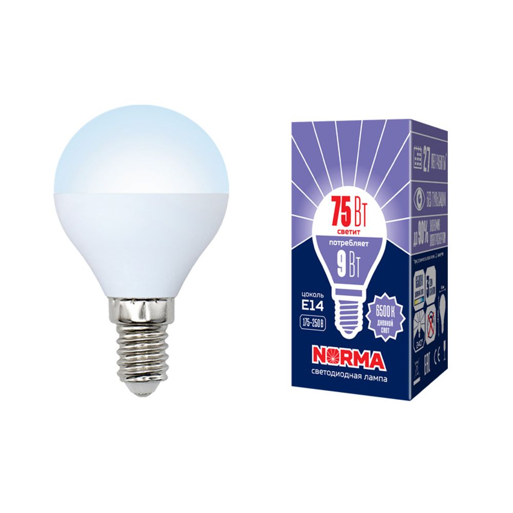 LED-G45-9W-DW-E14-FR-NR Лампа светодиодная. Форма шар. матовая. Серия Norma. Дневной белый свет 6500K. Картон. ТМ Volpe