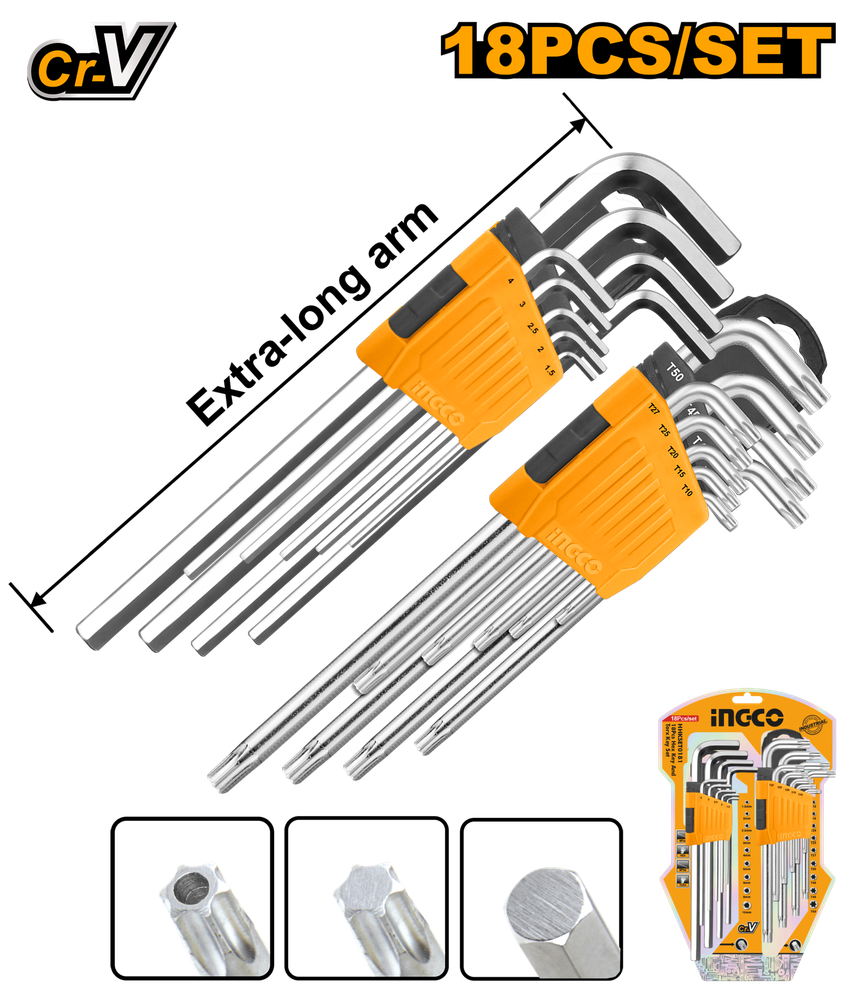 Набор шестигранников HEX 1,5-10 мм и TORX Т10-Т50 INGCO HHKSET0181 INDUSTRIAL 18 шт.