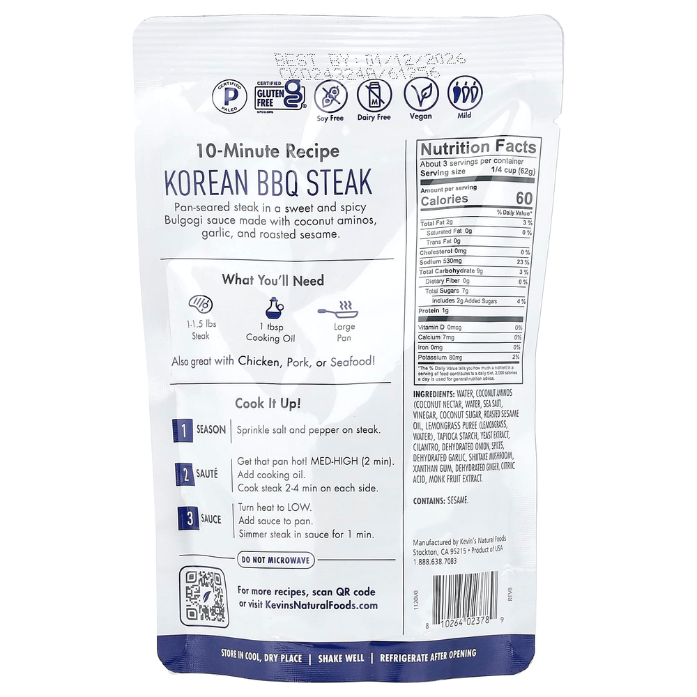Kevin's Natural Foods, Корейский соус для барбекю, мягкий, 198 г (7 унций)