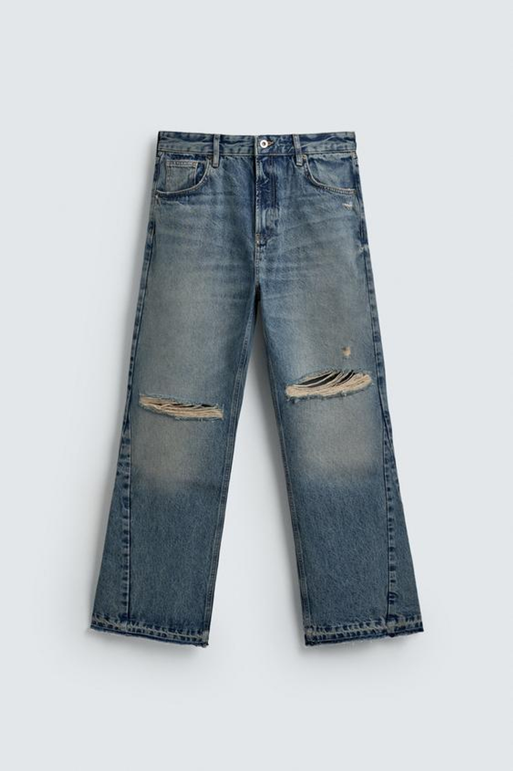 ZARA РАСКЛЕШЕННЫЕ ДЖИНСЫ С РАЗРЕЗАМИ, ВЫЦВЕТШИЙ СИНИЙ