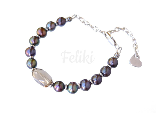 браслет из чёрного жемчуга с раухтопазом