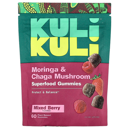 Kuli Kuli, жевательные таблетки с суперфудами, моринга и чага, вкус ягодного ассорти, 60 жевательных таблеток на растительной основе