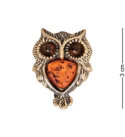 AM-2110 Брошь «Сова пушистик» (латунь, янтарь)